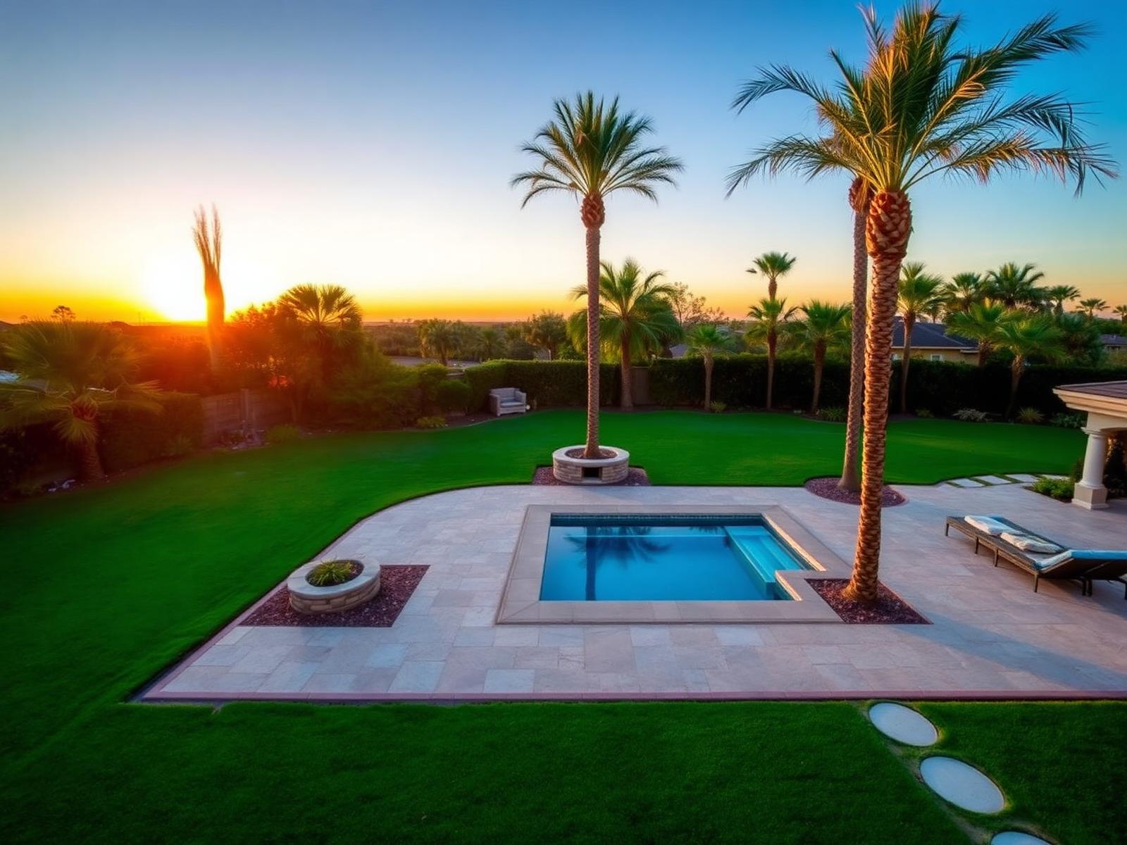 Aerial view of a landscaped estate at sunset
