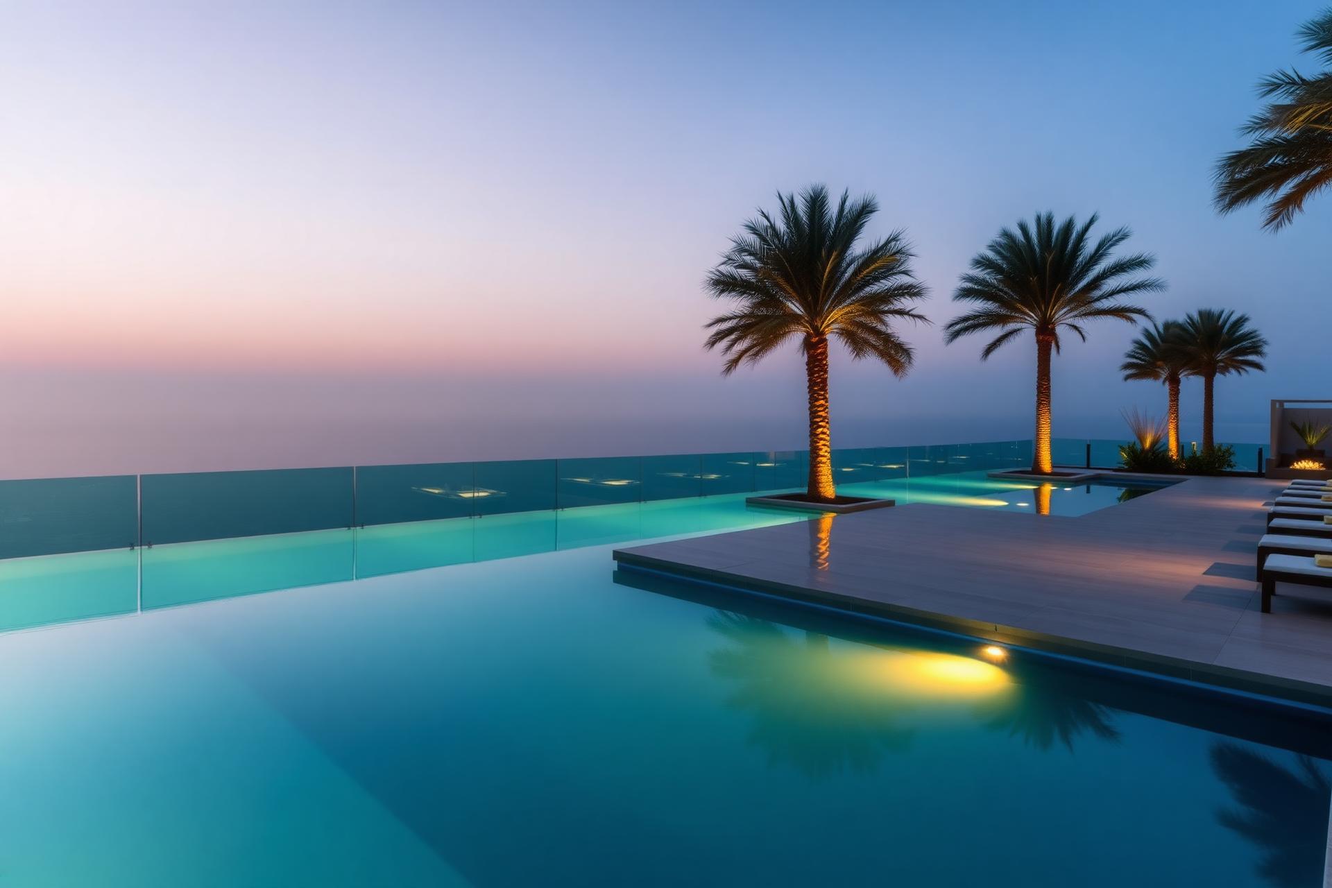 Twilight infinity pool with palms